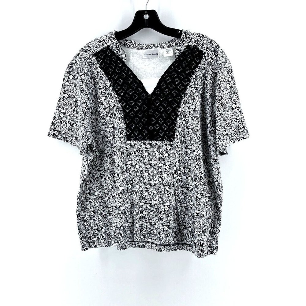 Madison Taylor Women's Short Sleeve Laced Black White Floral Top Shirt Size XL